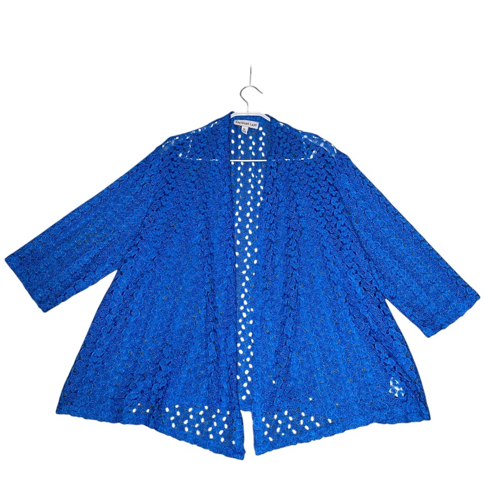 Southern Lady Cardigan Women XL Blue Lace Open Front Coastal Grandma Cottagecore